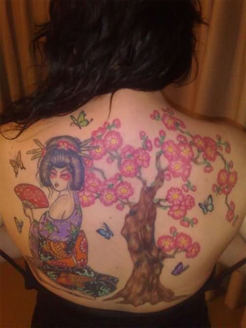 Geisha And Cherry Blosoom Tattoo On Back Body